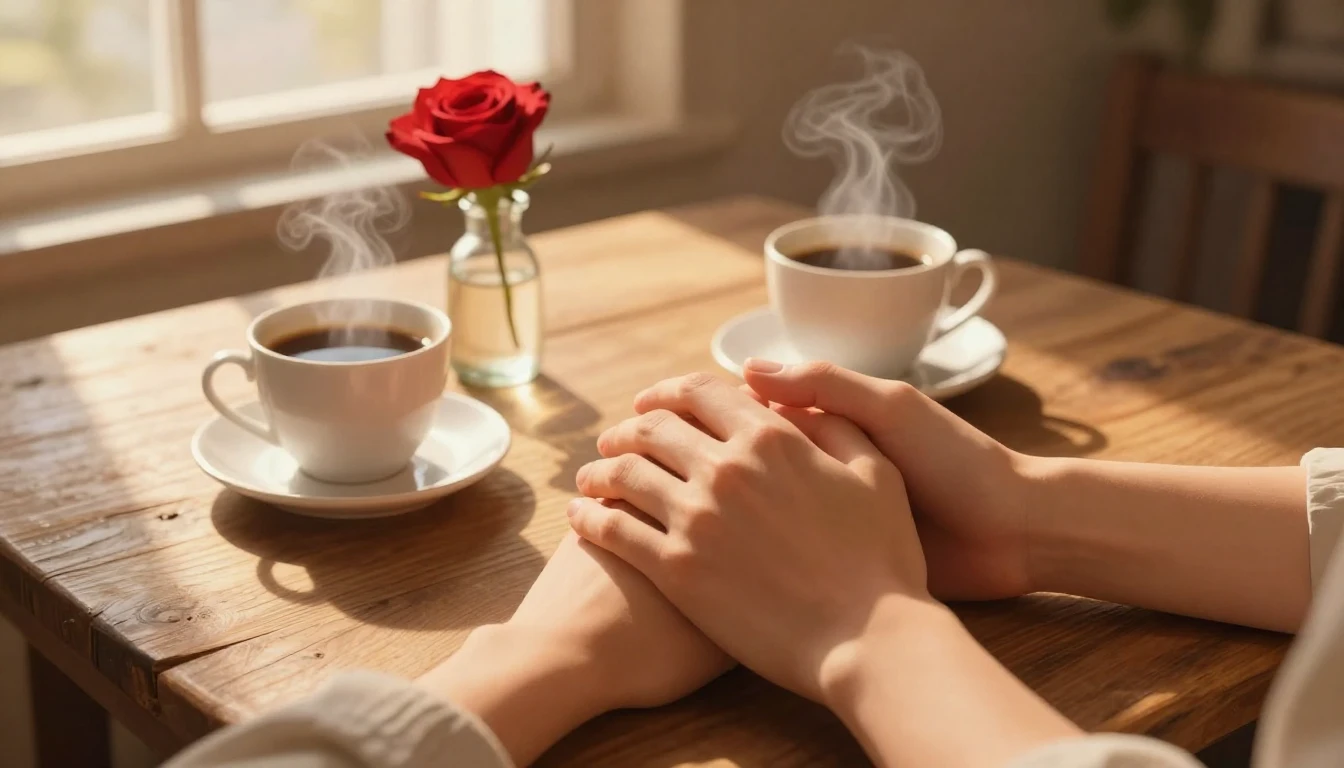 A warm and intimate close-up illustration of two hands gentl...