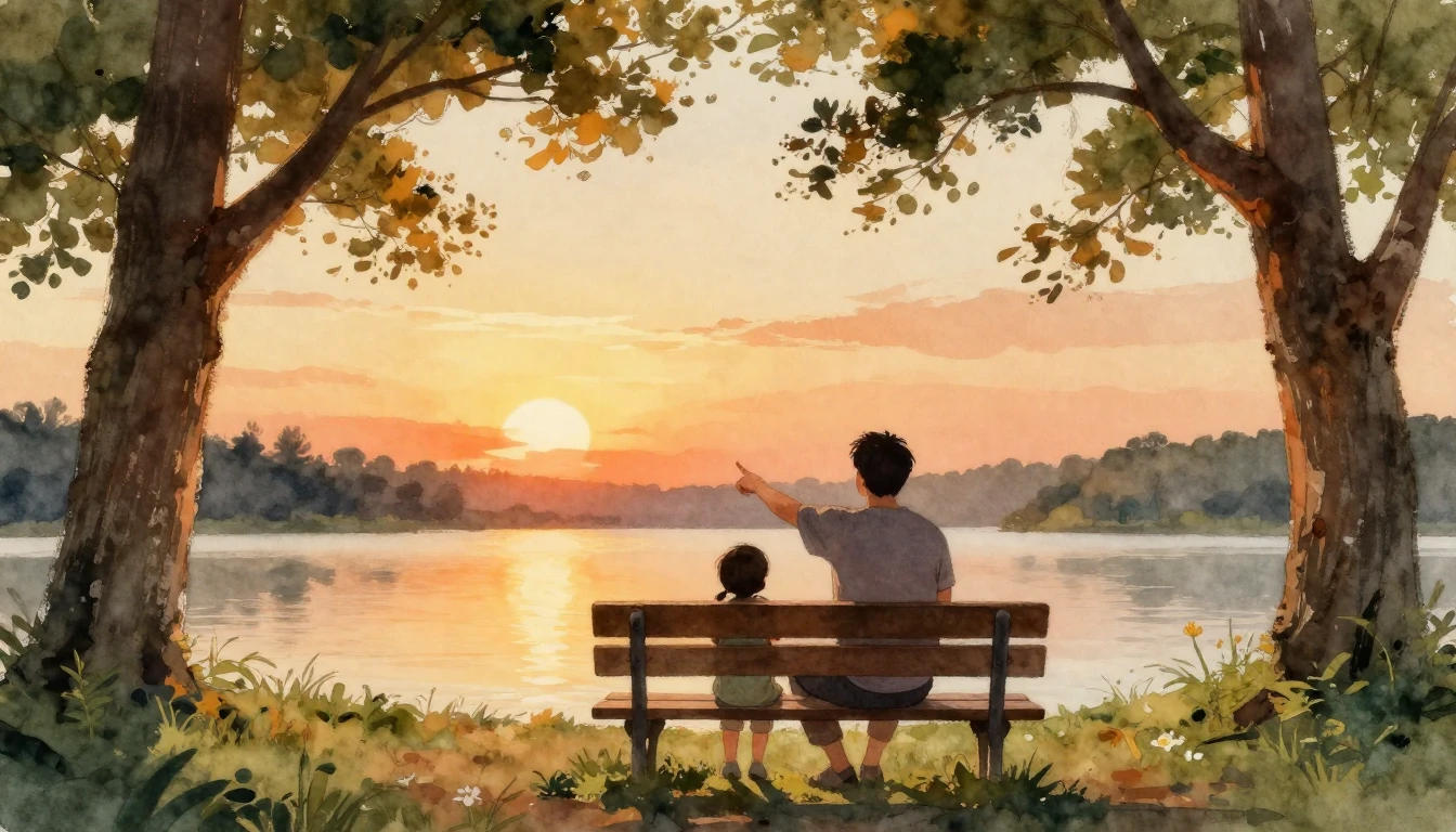 A heartwarming watercolor painting depicting a silhouette of...