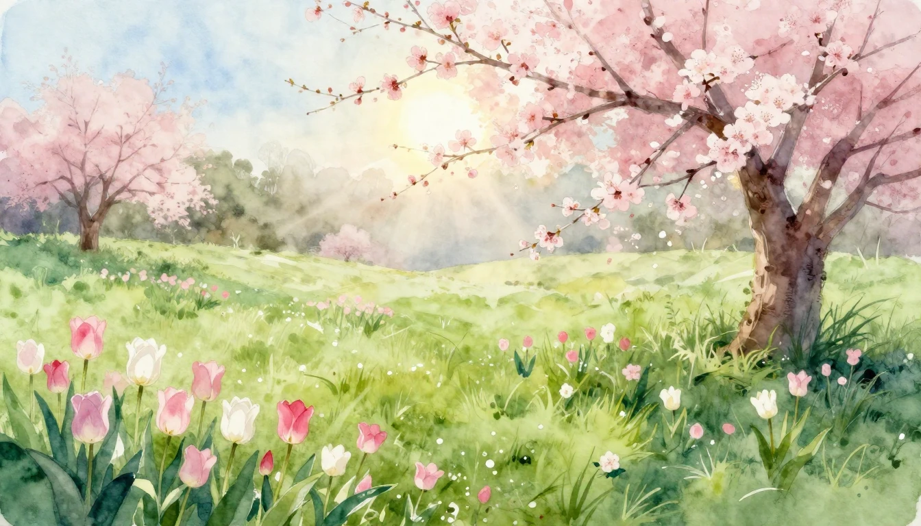 A beautiful watercolor painting of a lush landscape in early...