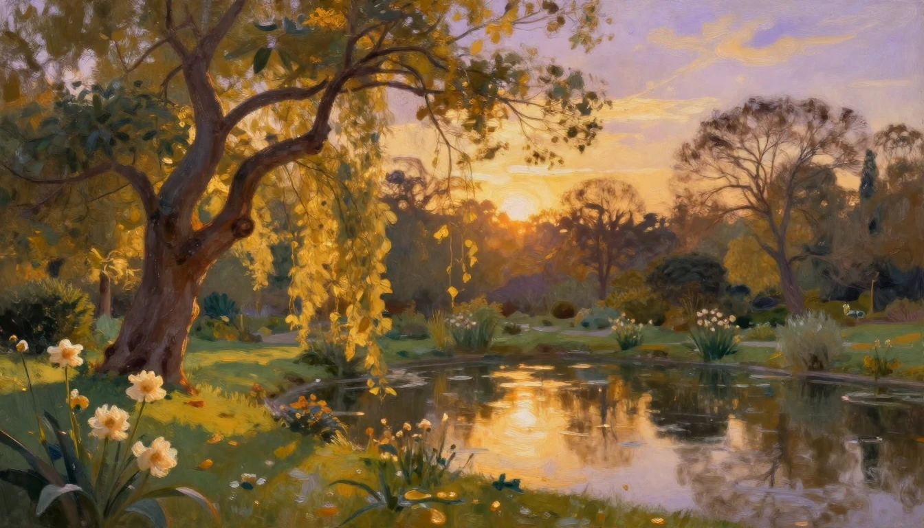 An impressionist painting of a tranquil garden at sunset. Wa...