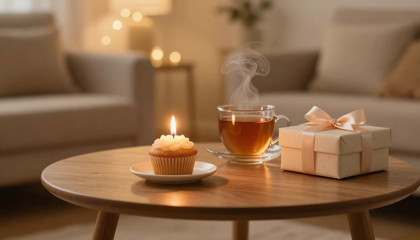 A cozy indoor scene featuring a small wooden table with a si...