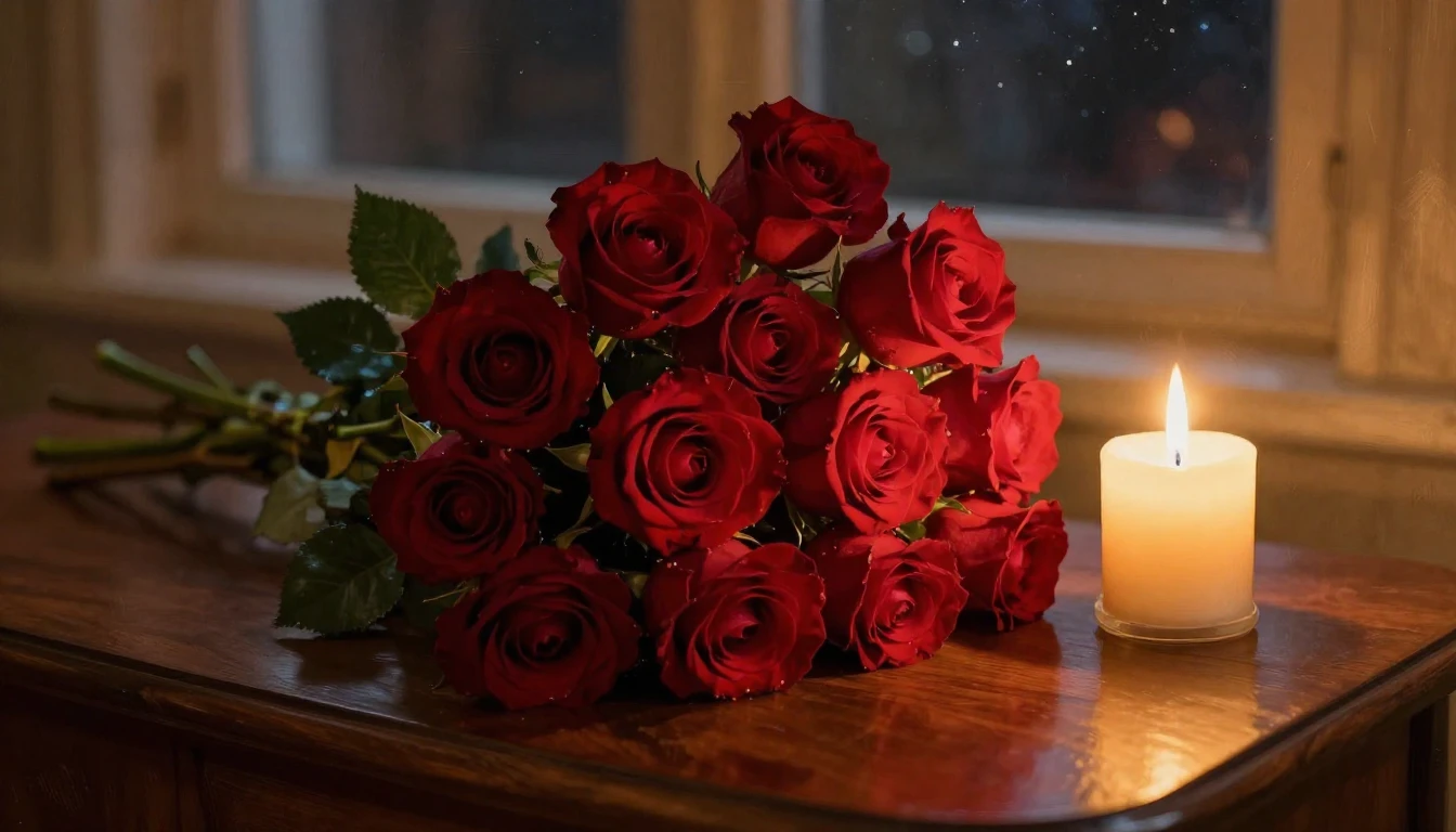 A lush bouquet of deep red roses sitting on a polished mahog...