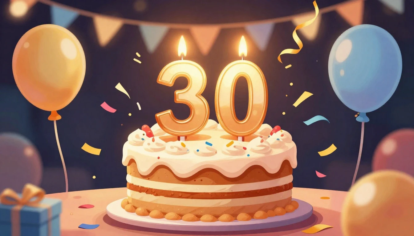 A vibrant and festive illustration celebrating a 30th birthd...