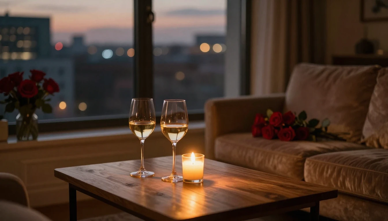 A cozy, dimly lit room with a large window overlooking a cit...