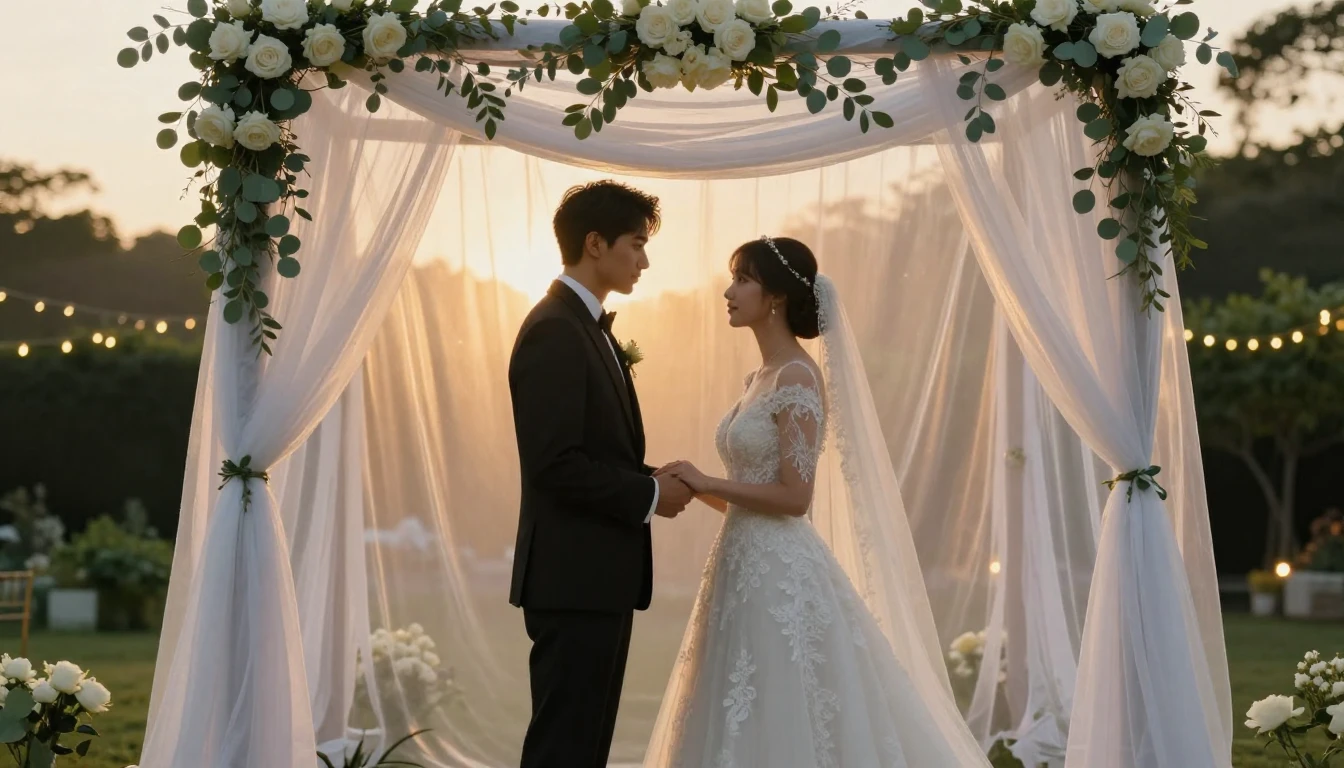 A cinematic, romantic wide shot of a bride and groom standin...