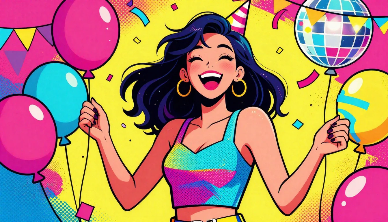 A vibrant and colorful illustration of a happy young woman c...