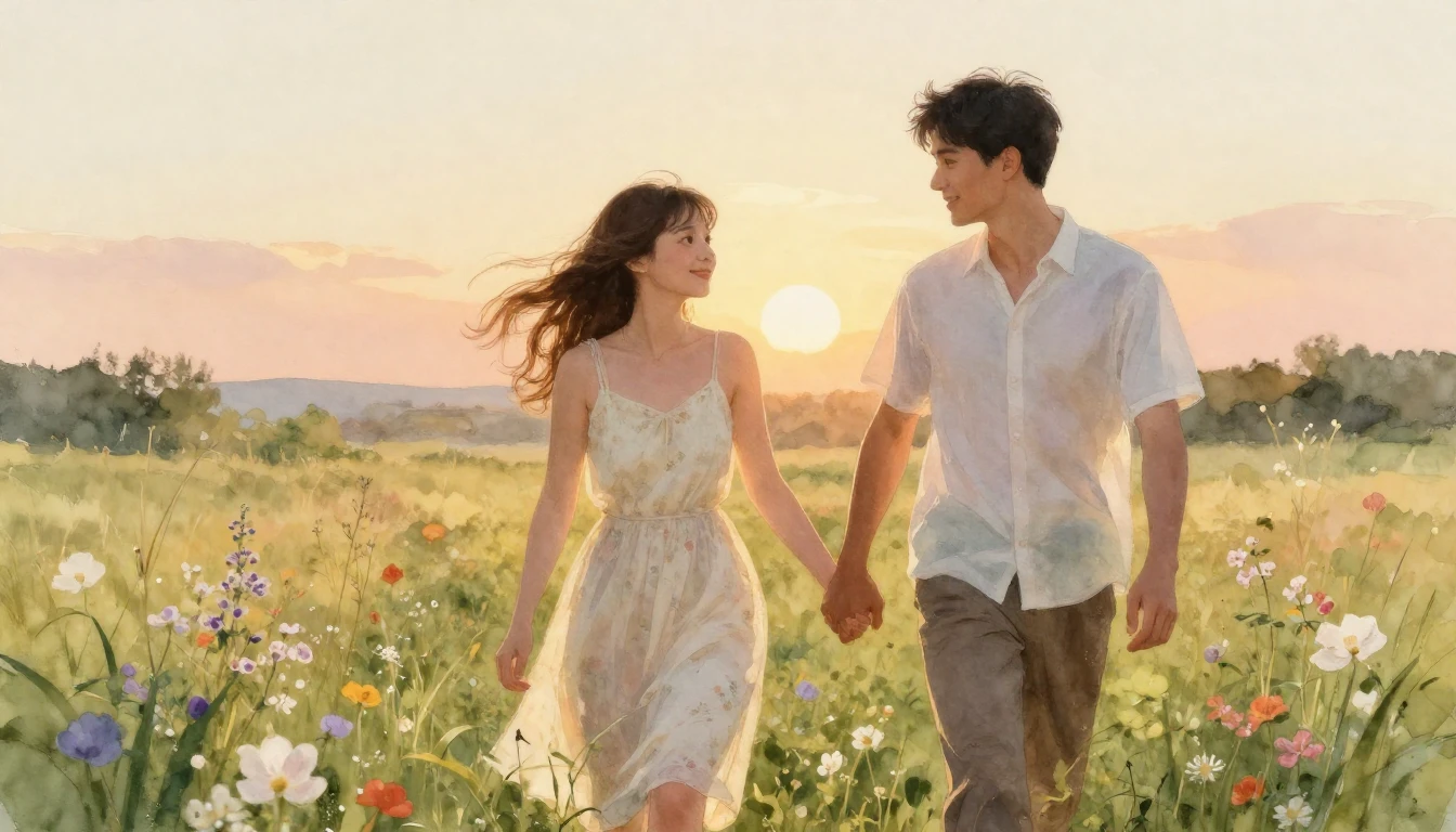 A beautiful and romantic watercolor painting of a young coup...