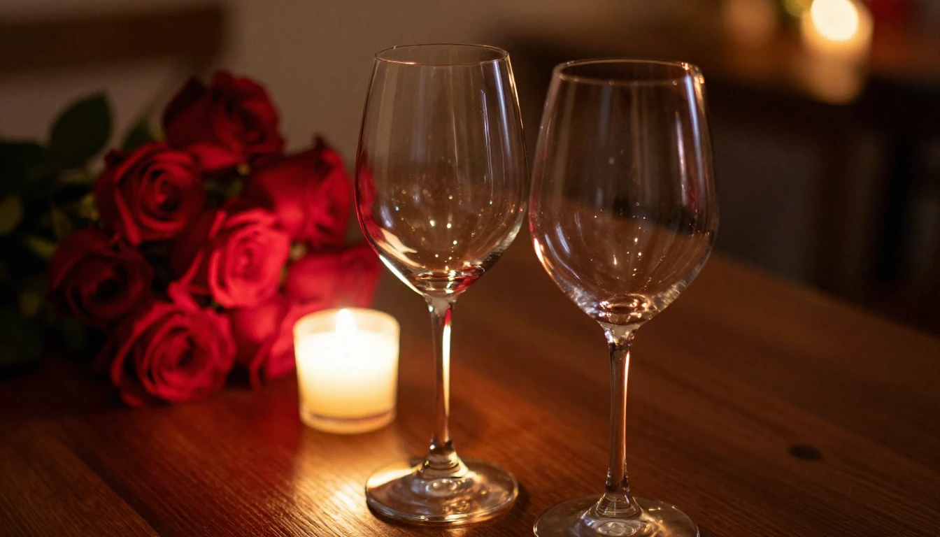 A close-up, high-detail shot of two elegant wine glasses on ...