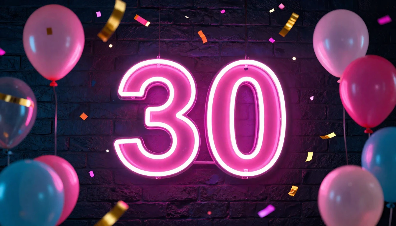A festive glowing neon sign displaying the number 30 in the ...