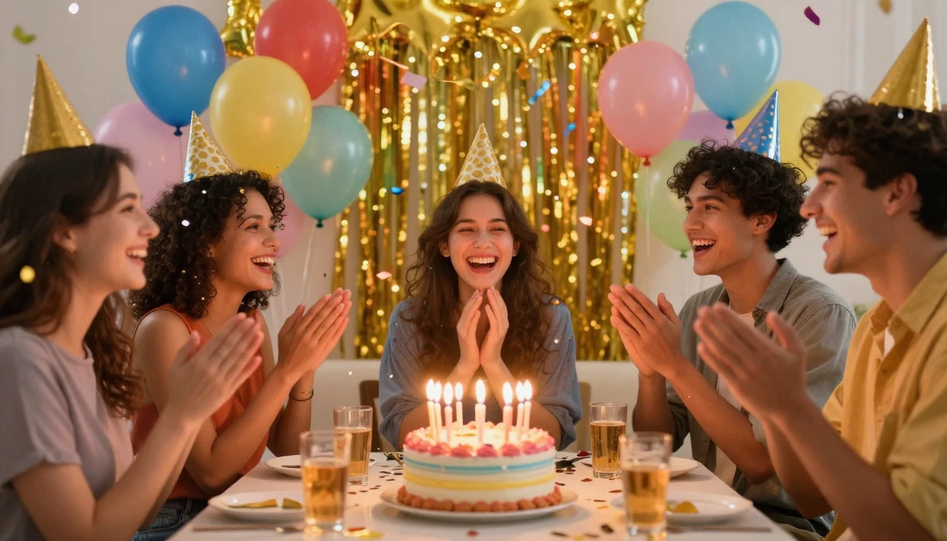 A vibrant and festive birthday party scene focusing on frien...