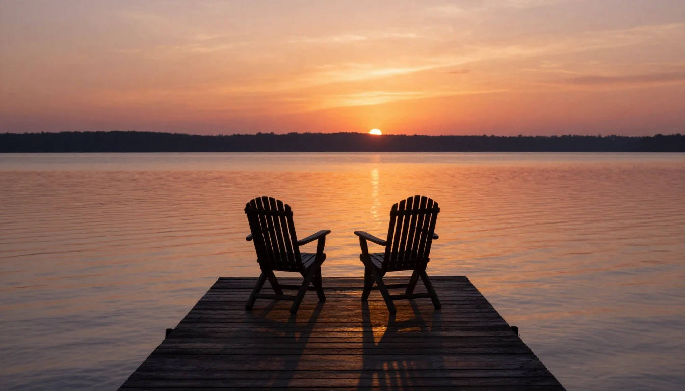 A wide-angle cinematic shot capturing a serene sunset over a...