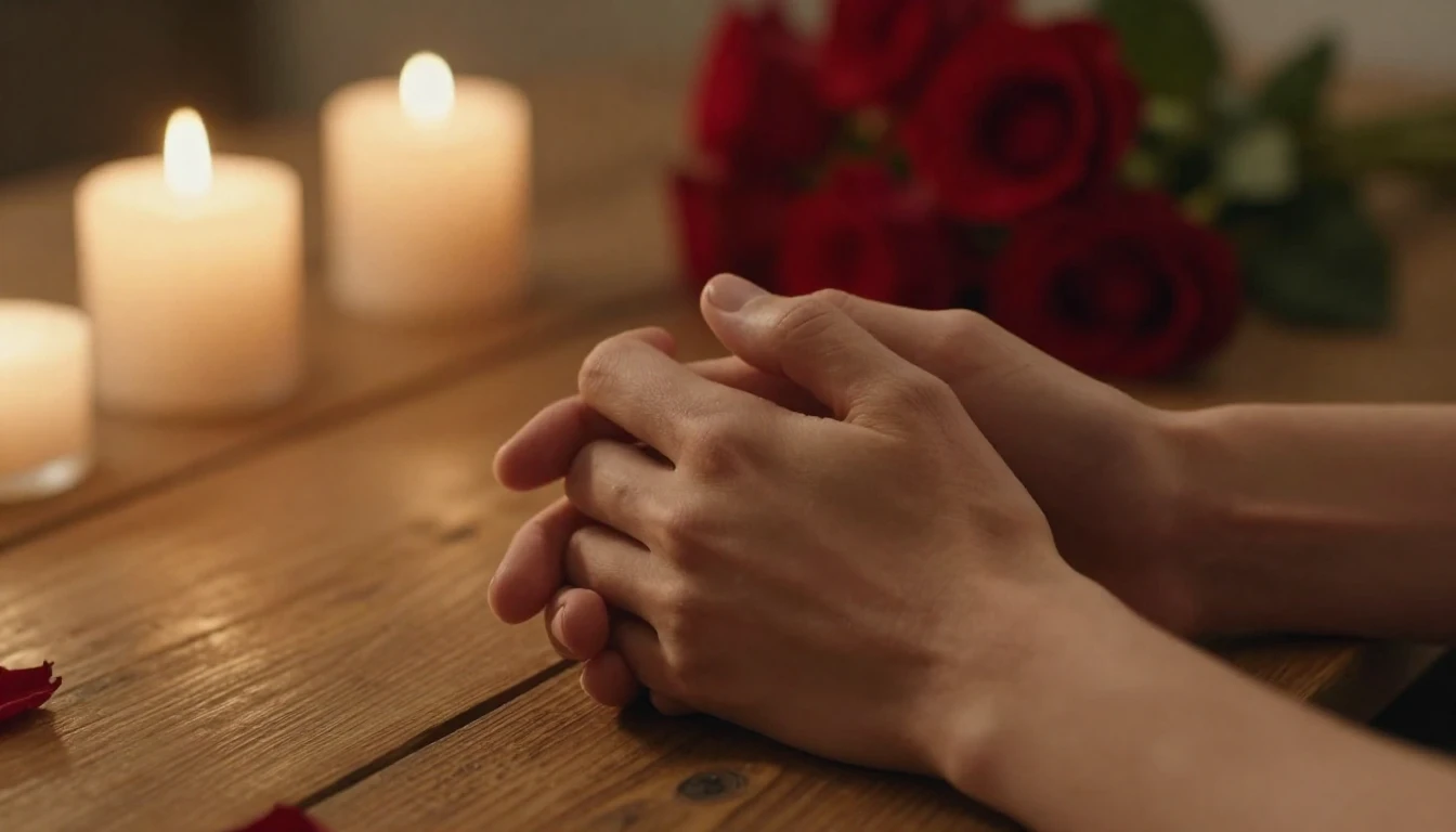 A cinematic and romantic close-up shot of two hands holding ...