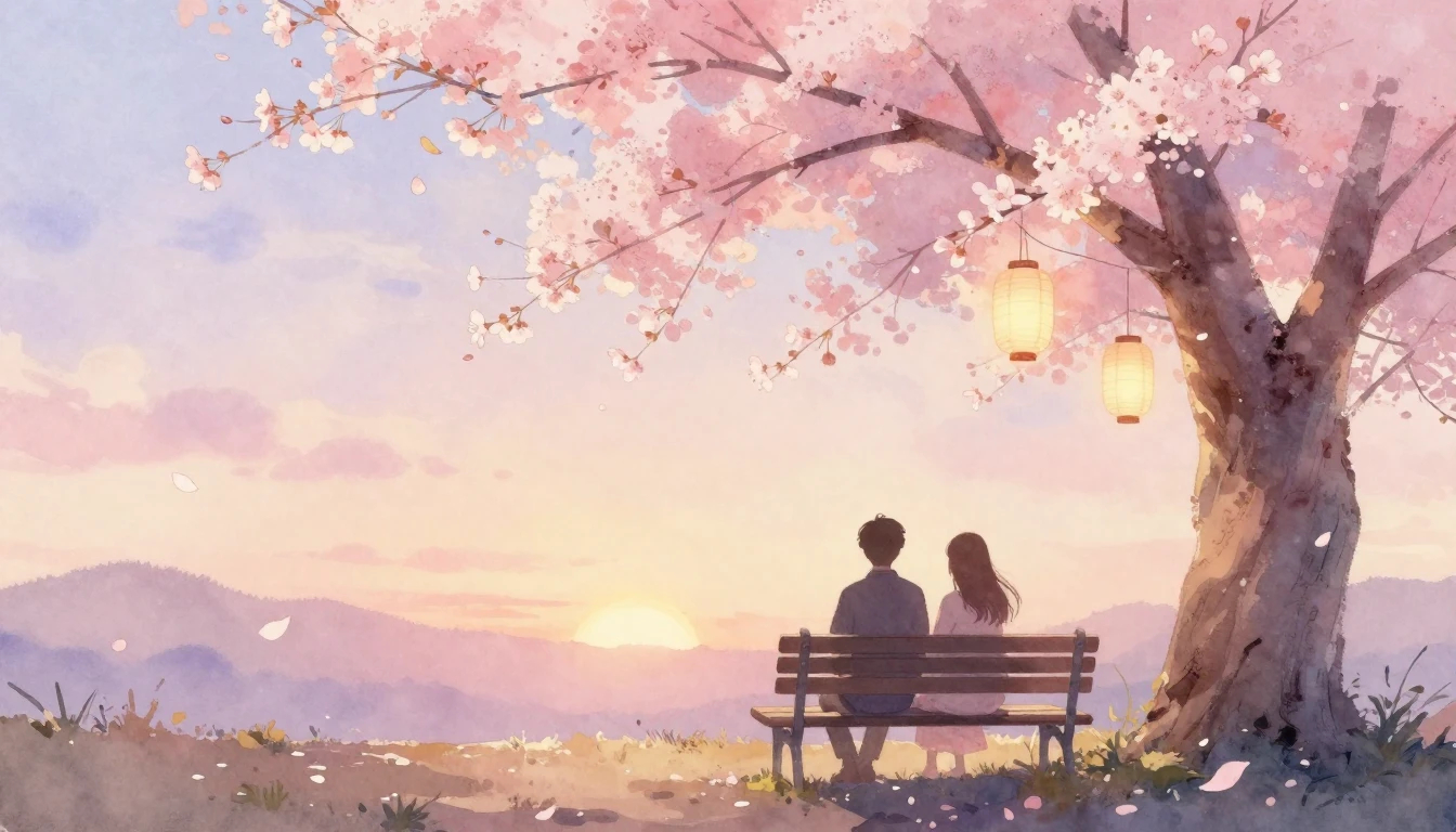 A dreamy watercolor painting of two silhouettes sitting toge...