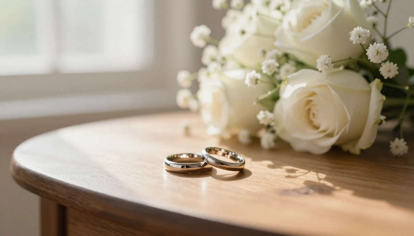 A romantic close-up of two wedding rings resting on a wooden...