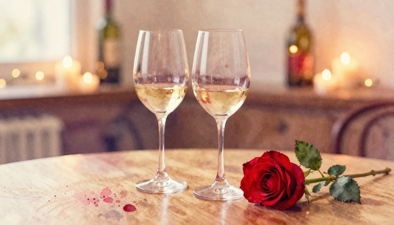 A soft watercolor painting of two elegant wine glasses sitti...