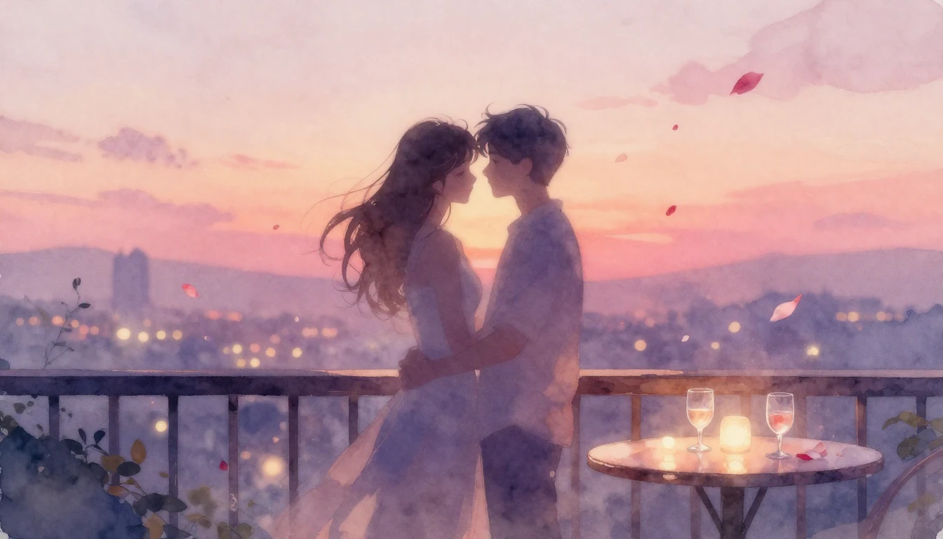 A delicate watercolor painting of two intertwined silhouette...