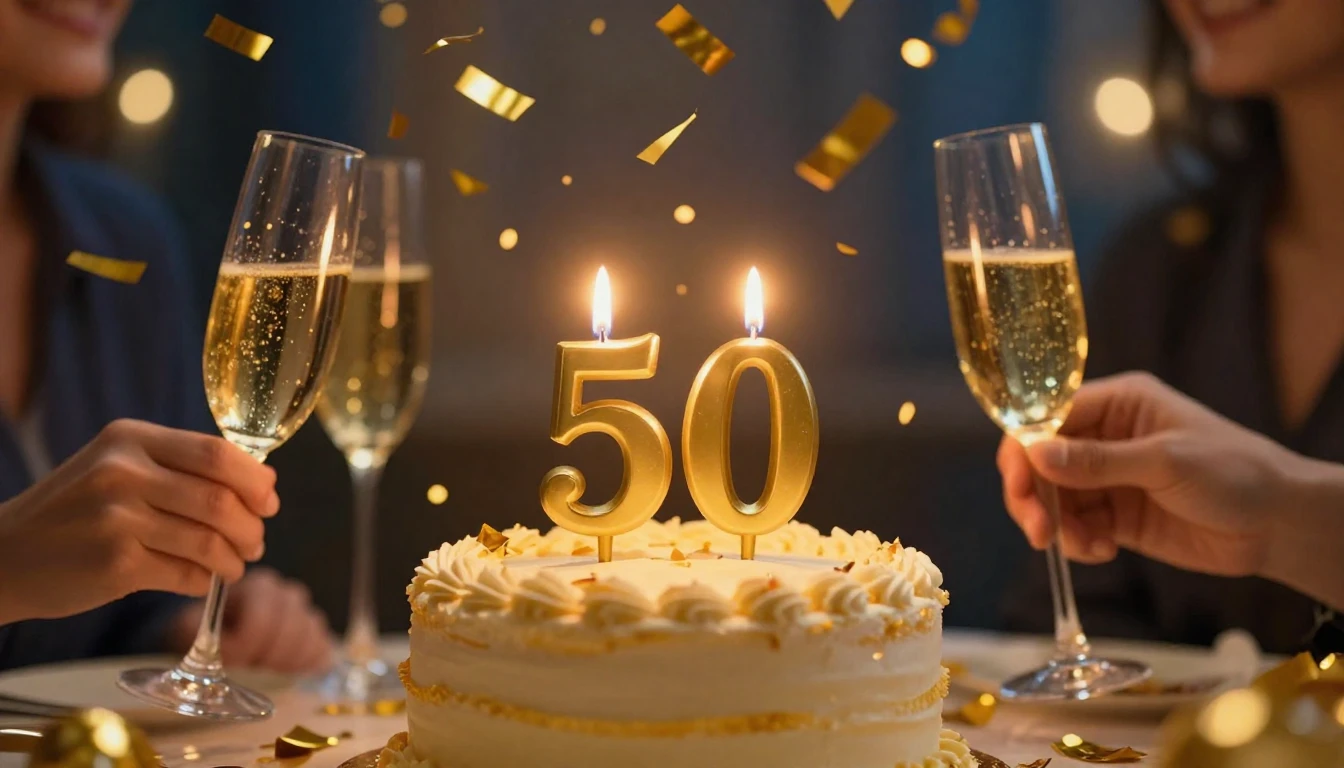 A festive and warm celebration scene for a 50th birthday. A ...