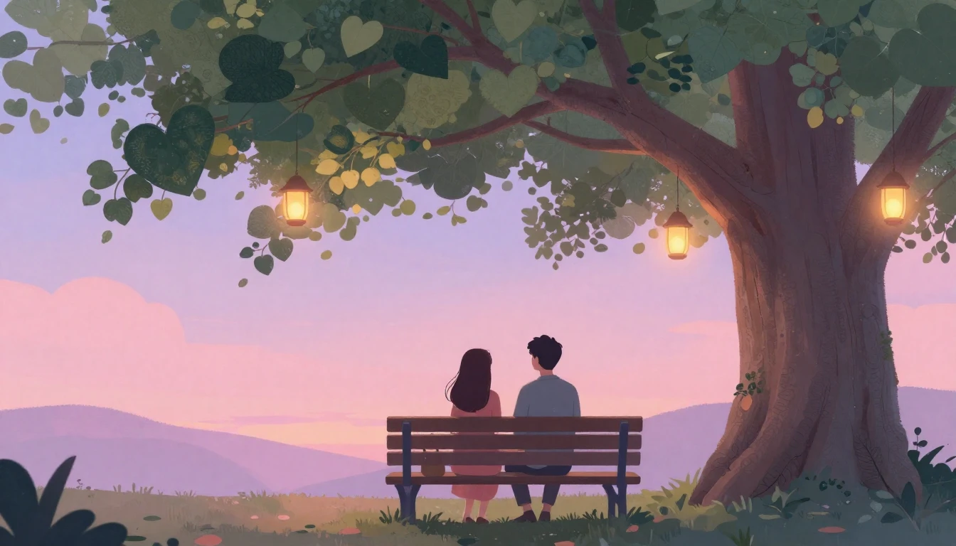 A romantic illustration of a couple sitting on a bench under...