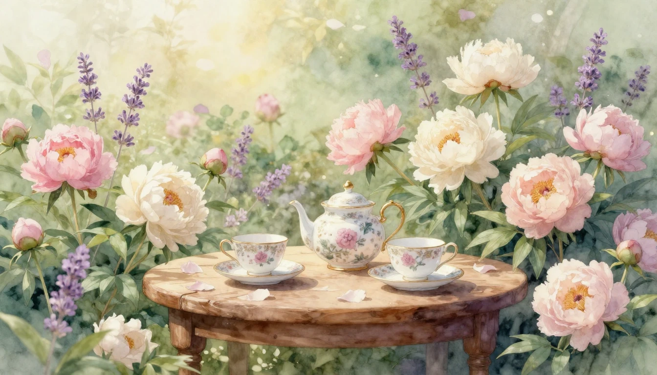A beautiful and serene watercolor painting of a lush garden ...