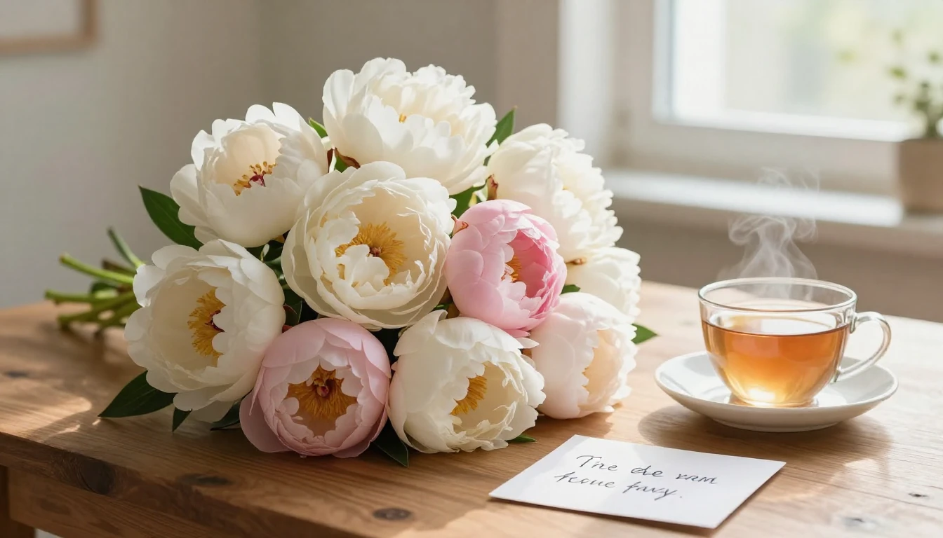 A warm and emotional scene showing a beautiful bouquet of wh...