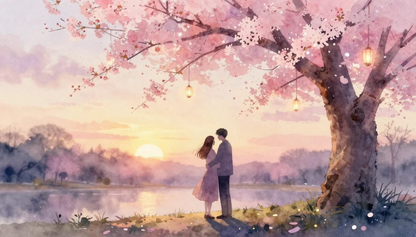 A delicate watercolor painting of two intertwined silhouette...