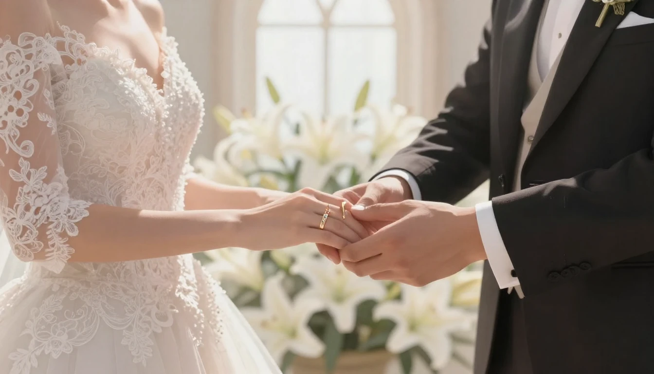 A romantic close-up illustration of a bride and groom holdin...