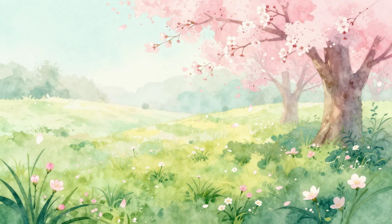 A delicate watercolor painting of a lush meadow at dawn. Sof...