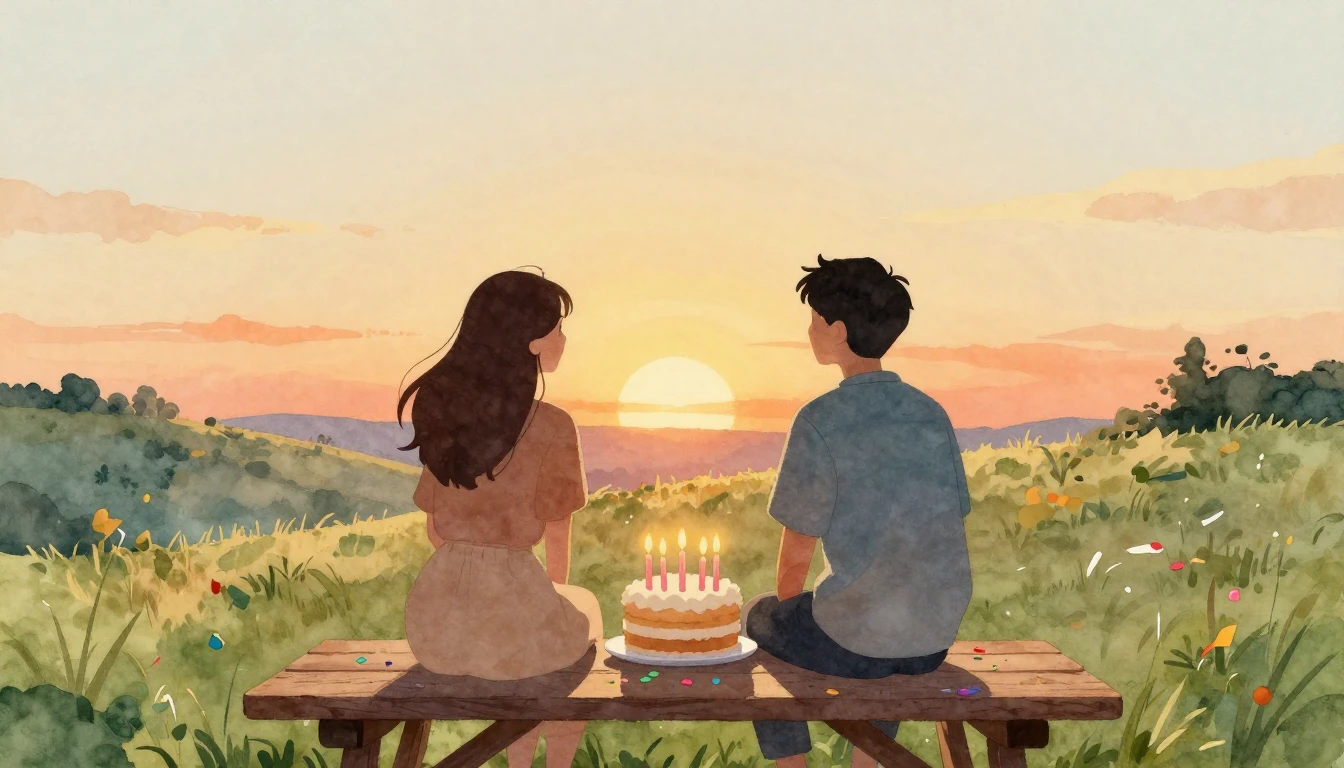 A warm and nostalgic watercolor painting featuring two silho...