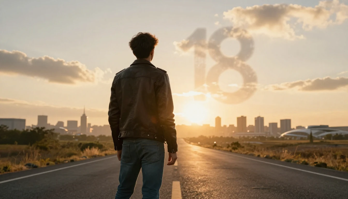 A cinematic shot from behind of a young man standing on an o...