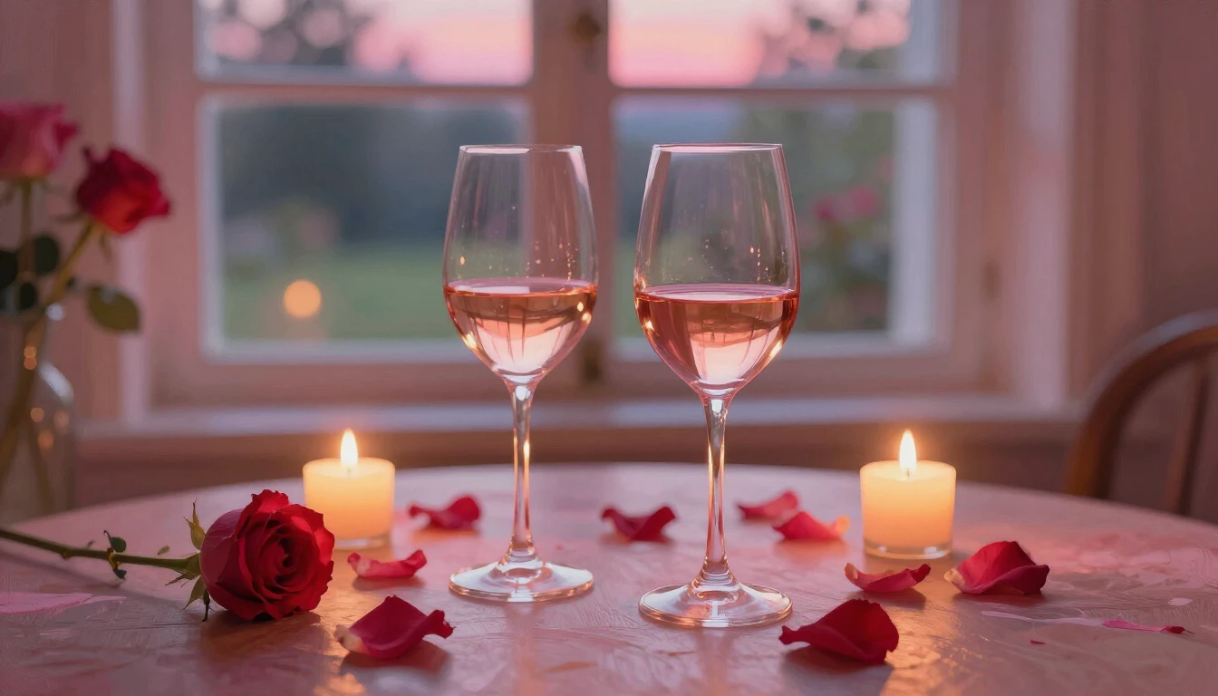 A dreamy and romantic scene featuring two elegant wine glass...
