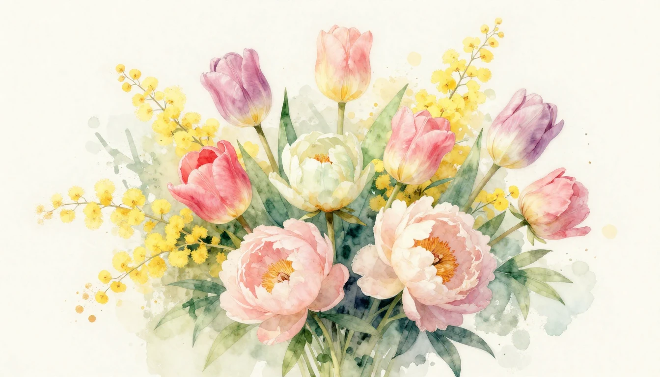 A beautiful watercolor painting of a lush bouquet of spring ...