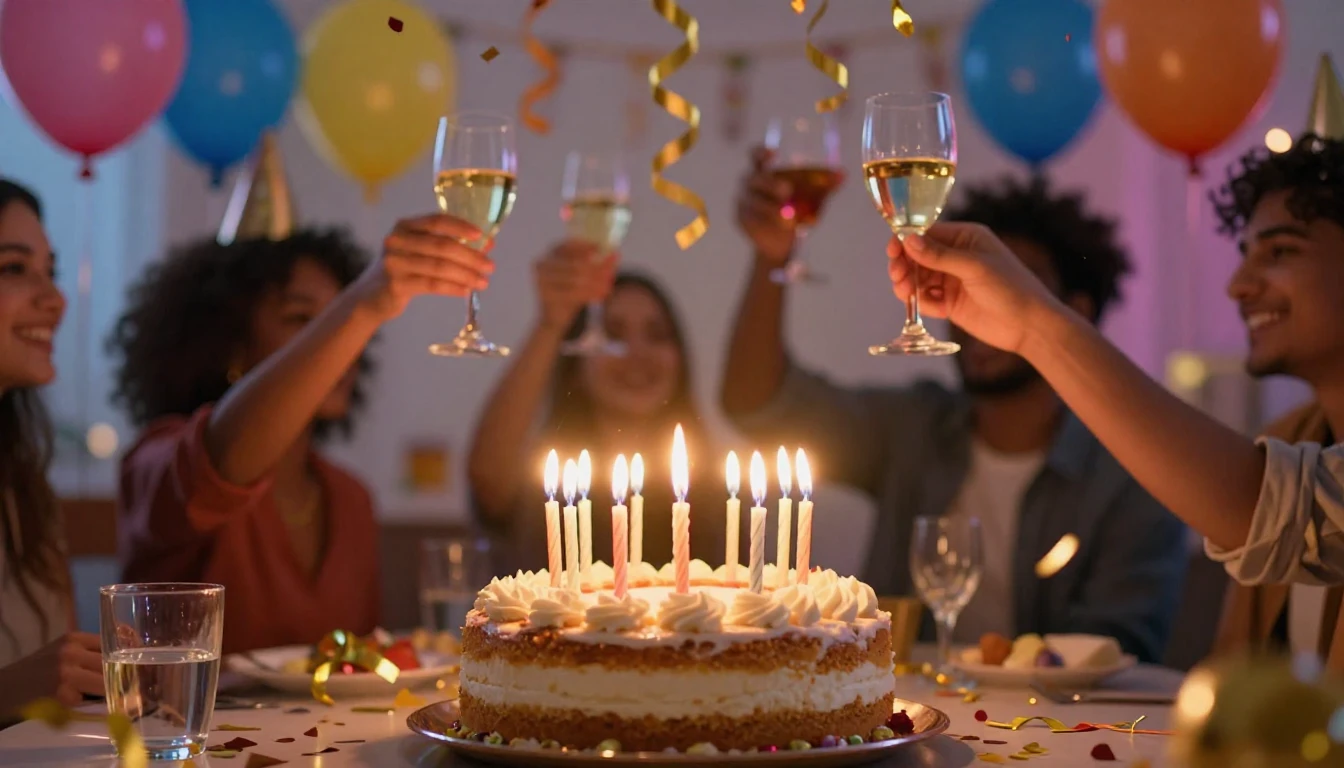 A vibrant and celebratory birthday scene featuring a delicio...