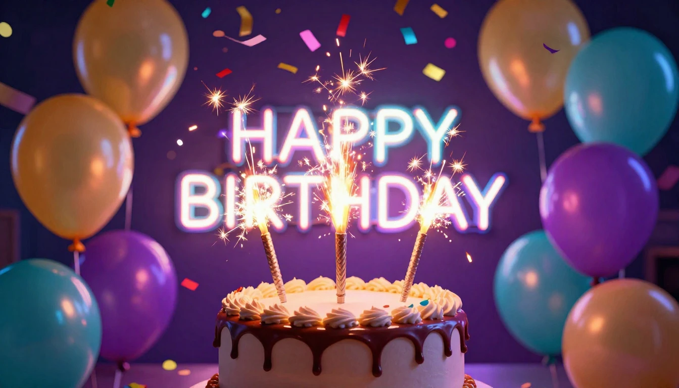 A vibrant and festive birthday scene featuring a delicious s...