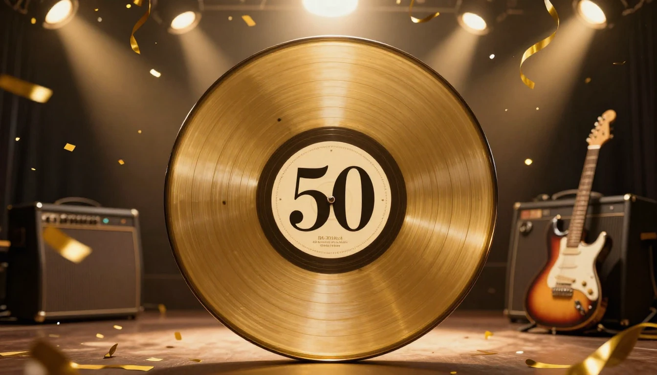 A festive and nostalgic album cover design celebrating a 50t...