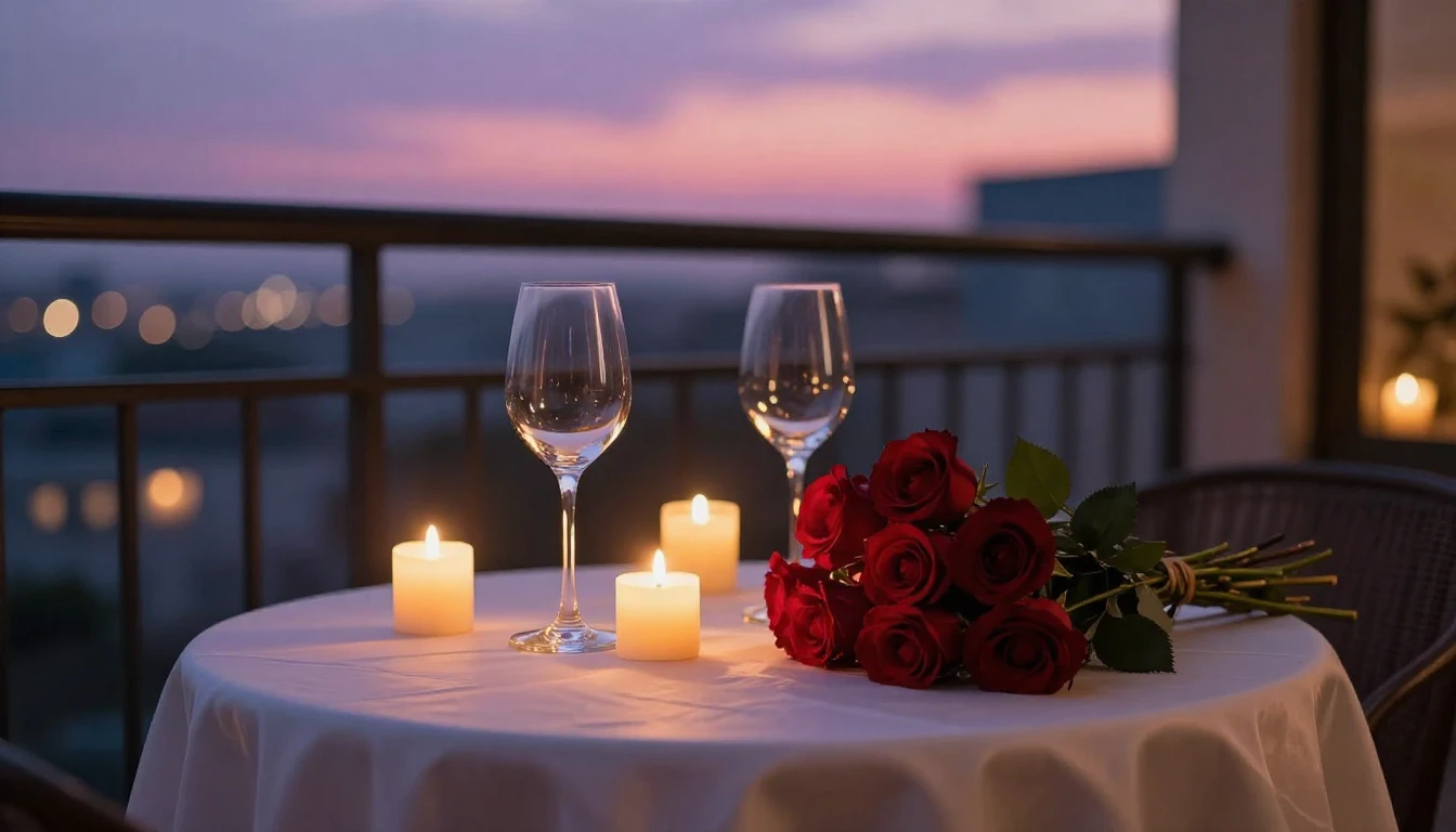 A romantic candlelit dinner setting on a balcony overlooking...