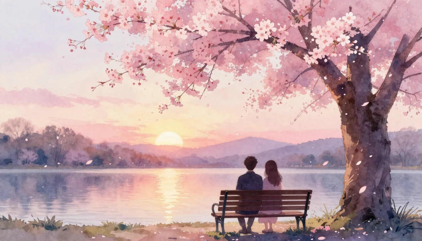 A dreamy and romantic scene featuring two silhouettes of a c...