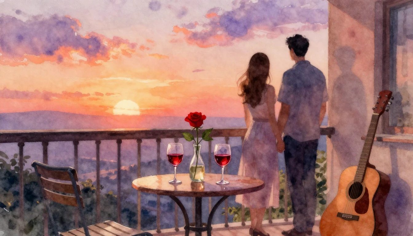 A romantic scene painted in soft watercolor style. A cozy ba...