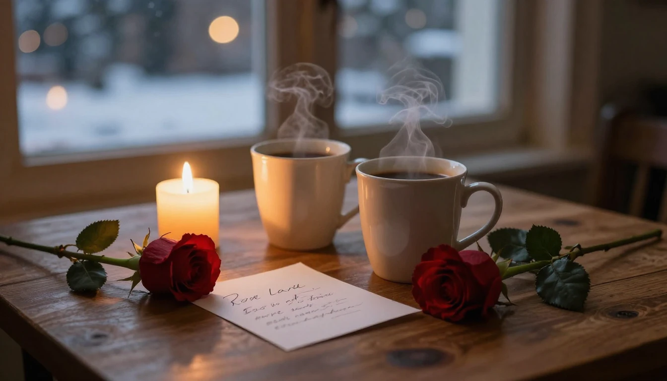 A warm, intimate close-up scene of a wooden table illuminate...