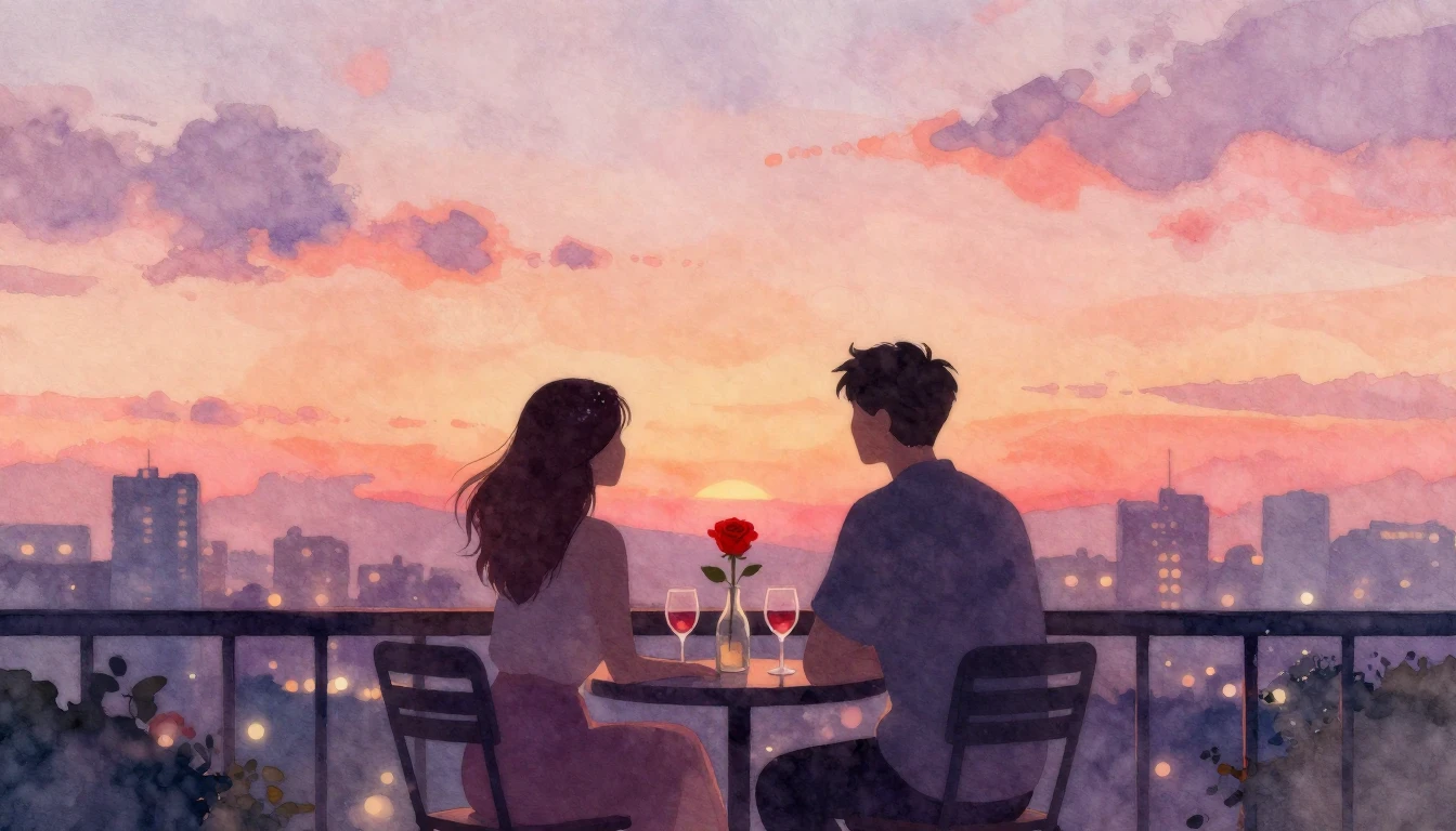 A romantic and intimate scene painted in soft watercolor. Tw...