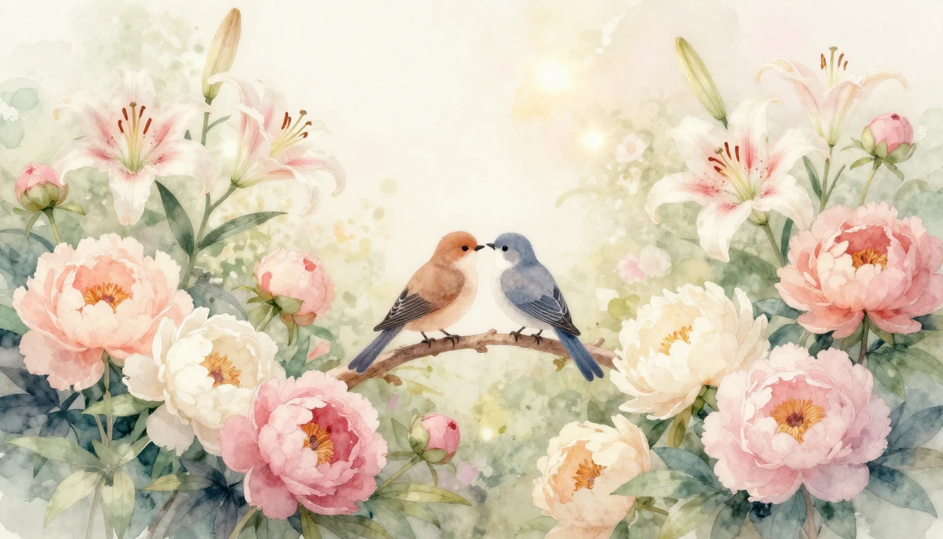 A soft and delicate watercolor painting depicting a blooming...