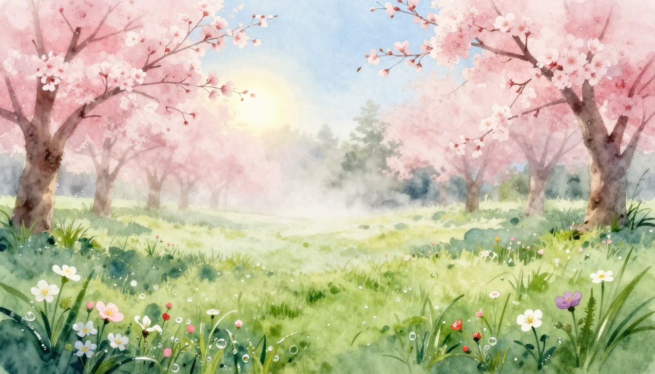 A delicate watercolor painting of a blooming spring meadow. ...