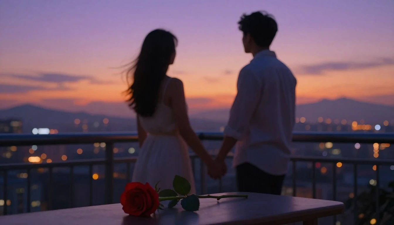 A highly cinematic and romantic scene featuring a couple sta...