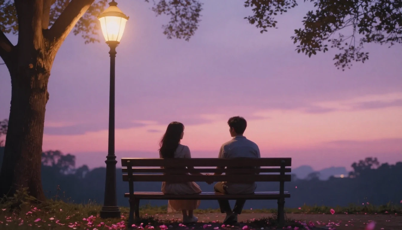 A romantic scene of a couple holding hands sitting on a park...