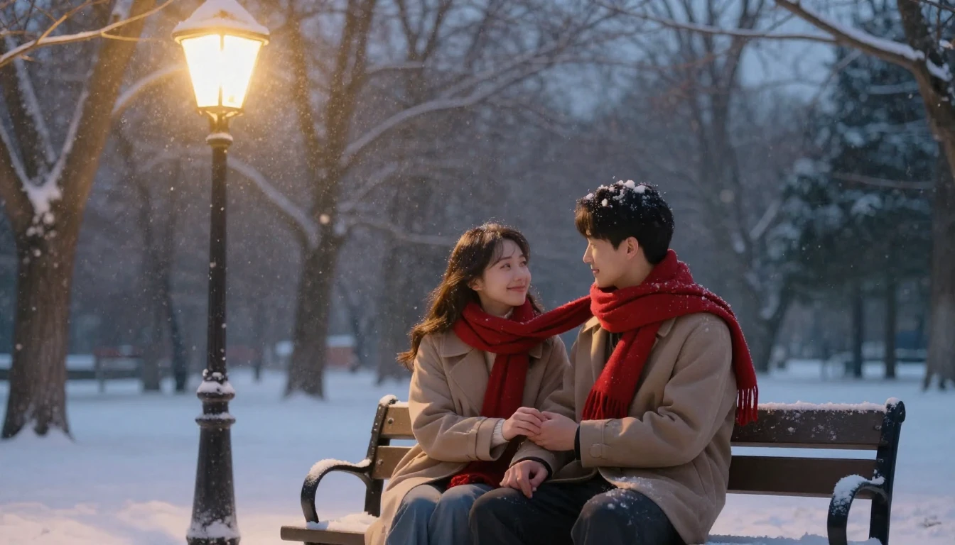 A romantic artistic scene of a couple sitting on a bench in ...