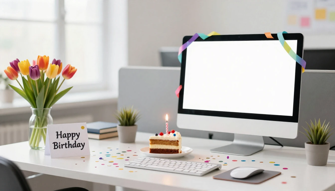A festive and bright office desk scene celebrating a birthda...