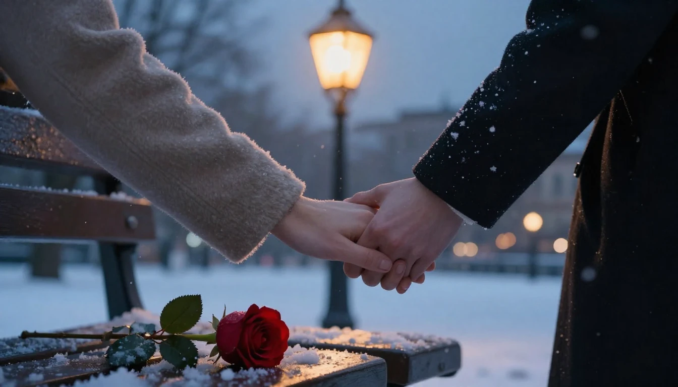 A romantic and dreamy scene focusing on a couple holding han...