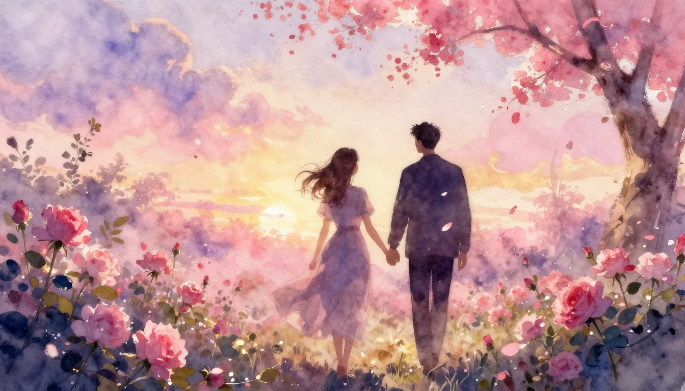 A beautiful watercolor painting of two silhouettes walking h...