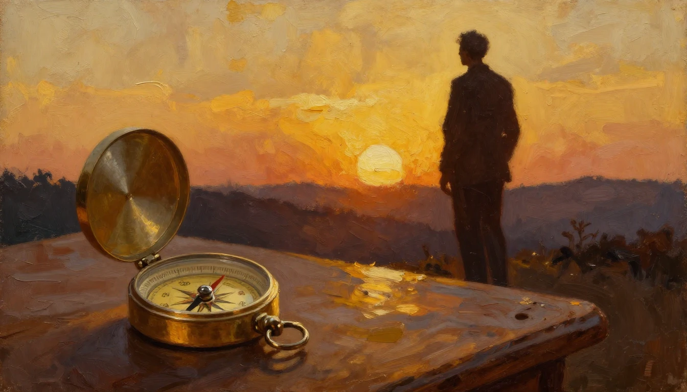 A warm and nostalgic oil painting depicting a silhouette of ...