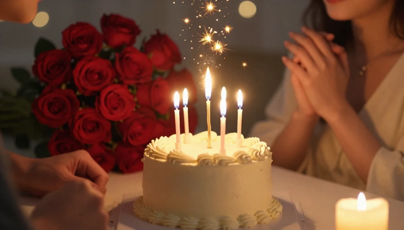 A romantic and elegant birthday scene, close-up of a delicat...