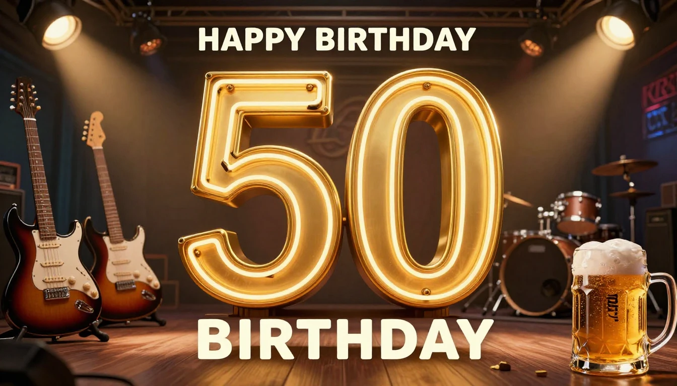 A festive rock and roll themed birthday album cover for a 50...